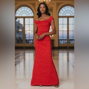 Alex Evenings Scarlet Textured Long Fitted Off The Shoulder Maxi Dress. NWT